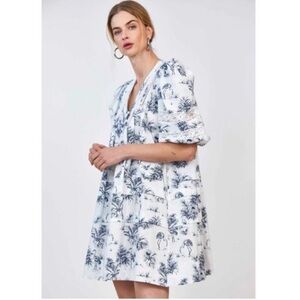 HUNTER BELL White Mini Dress with Navy Botanical Print